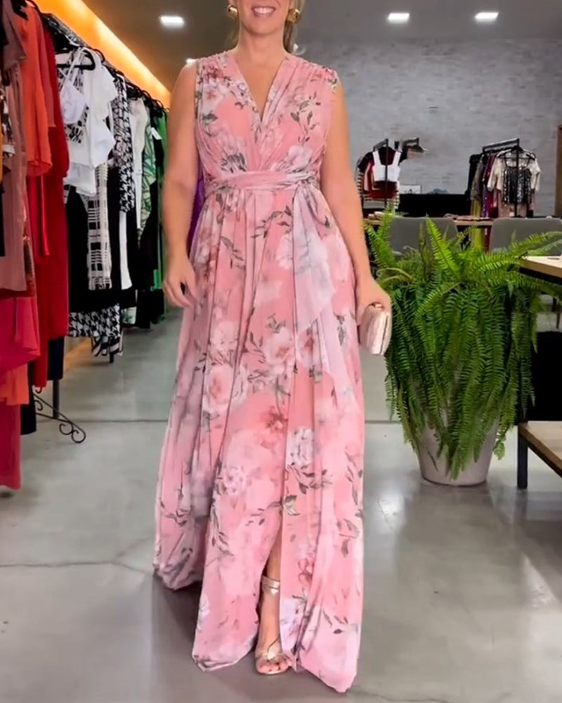 Robe élégante sans manches à col en V et imprimé floral