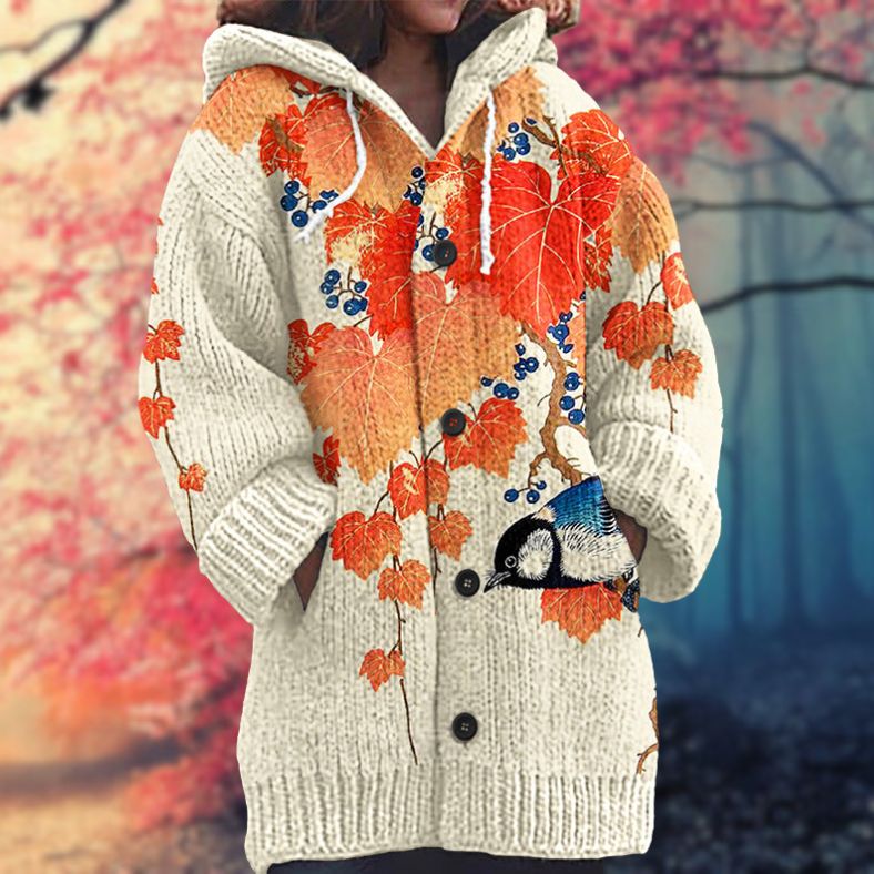 Annelie | Varm kofta med tryck för kvinnor med knappar och huva