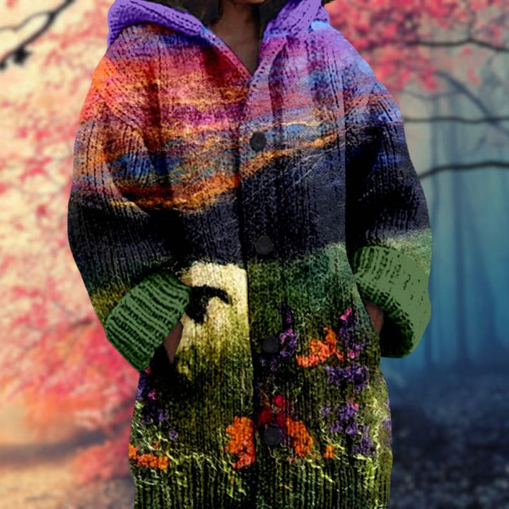 Annelie | Varm kofta med tryck för kvinnor med knappar och huva