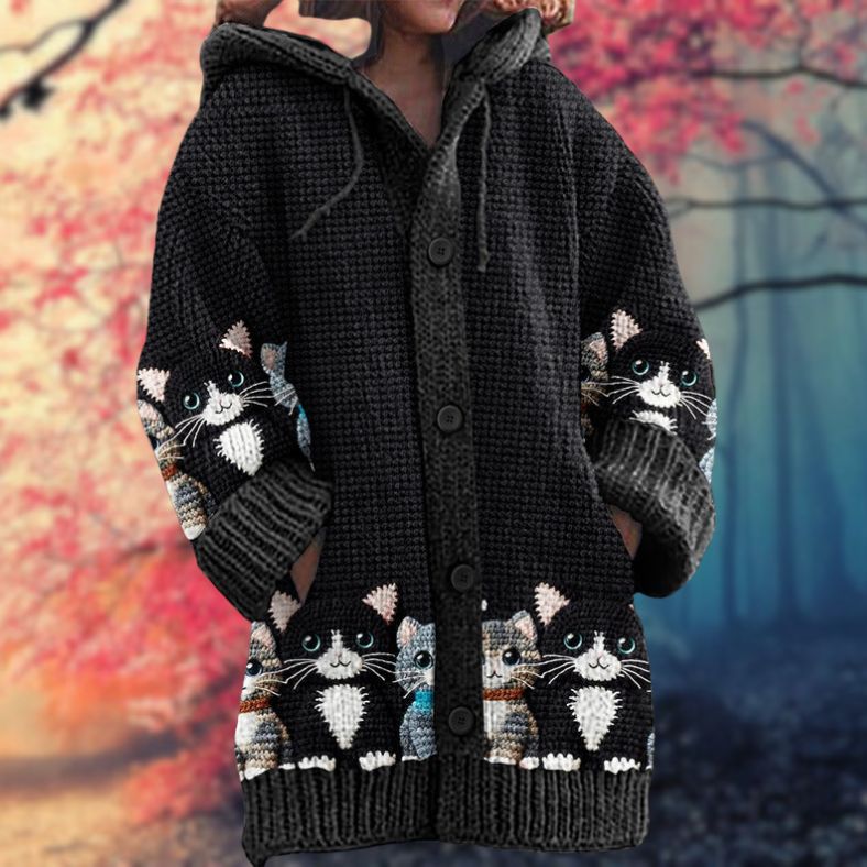 Annelie | Varm kofta med tryck för kvinnor med knappar och huva