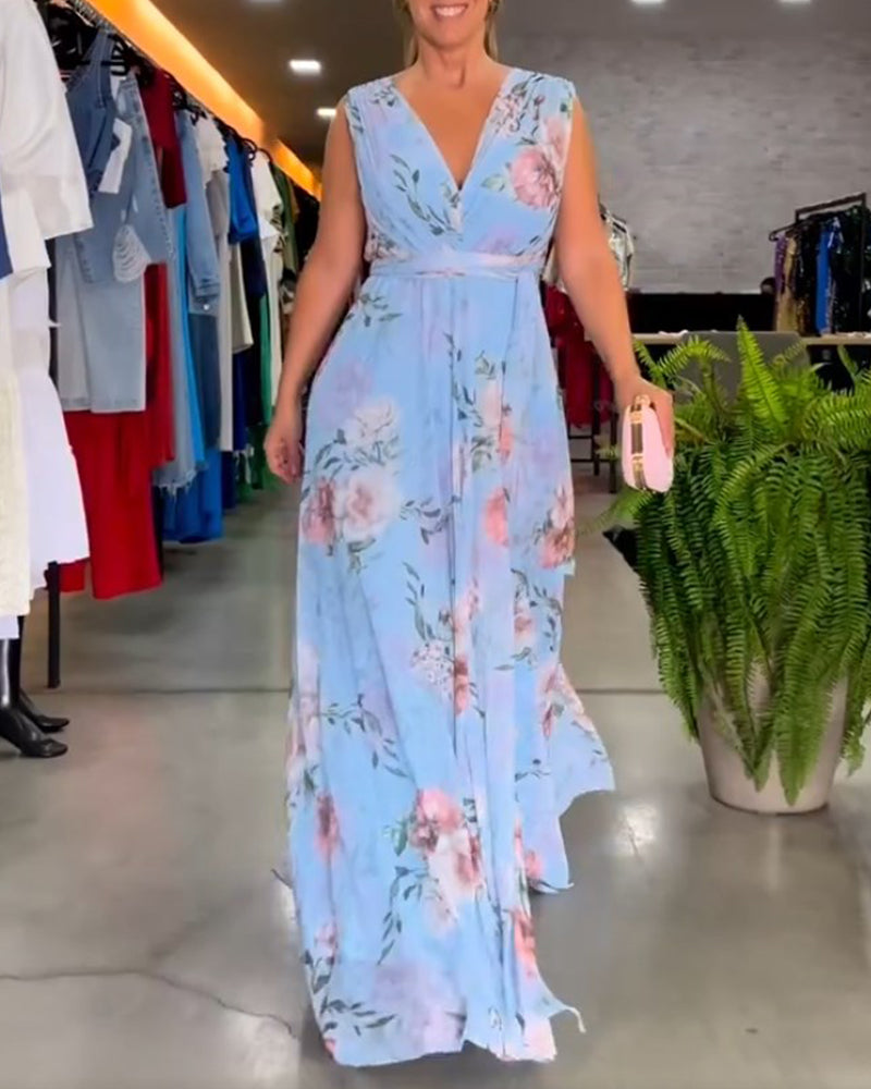 Robe élégante sans manches à col en V et imprimé floral