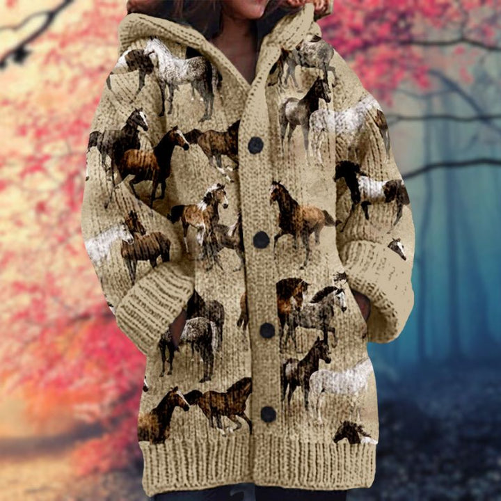 Annelie | Varm kofta med tryck för kvinnor med knappar och huva