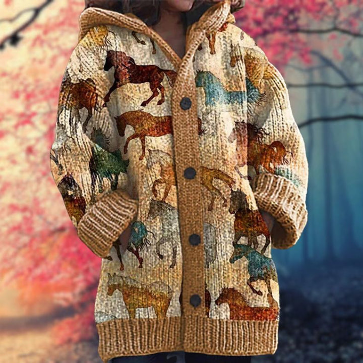 Annelie | Varm kofta med tryck för kvinnor med knappar och huva